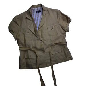 Sherry Taylor Mustard Yellow Ramie Rayon Safari Jacket Short Sleeve Belted L Y2K